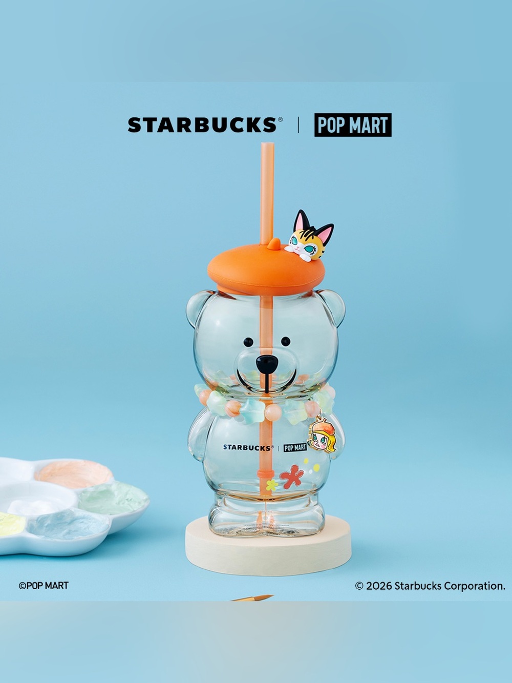 Starbucks Clear Bear Sipper with Orange Lid and Coral Bead Accents